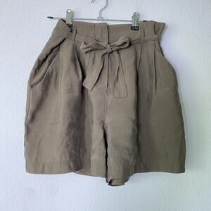 Womens Zara Basic Pleated Paperbag High Tie Waist Medium Olive Green Casual Chic